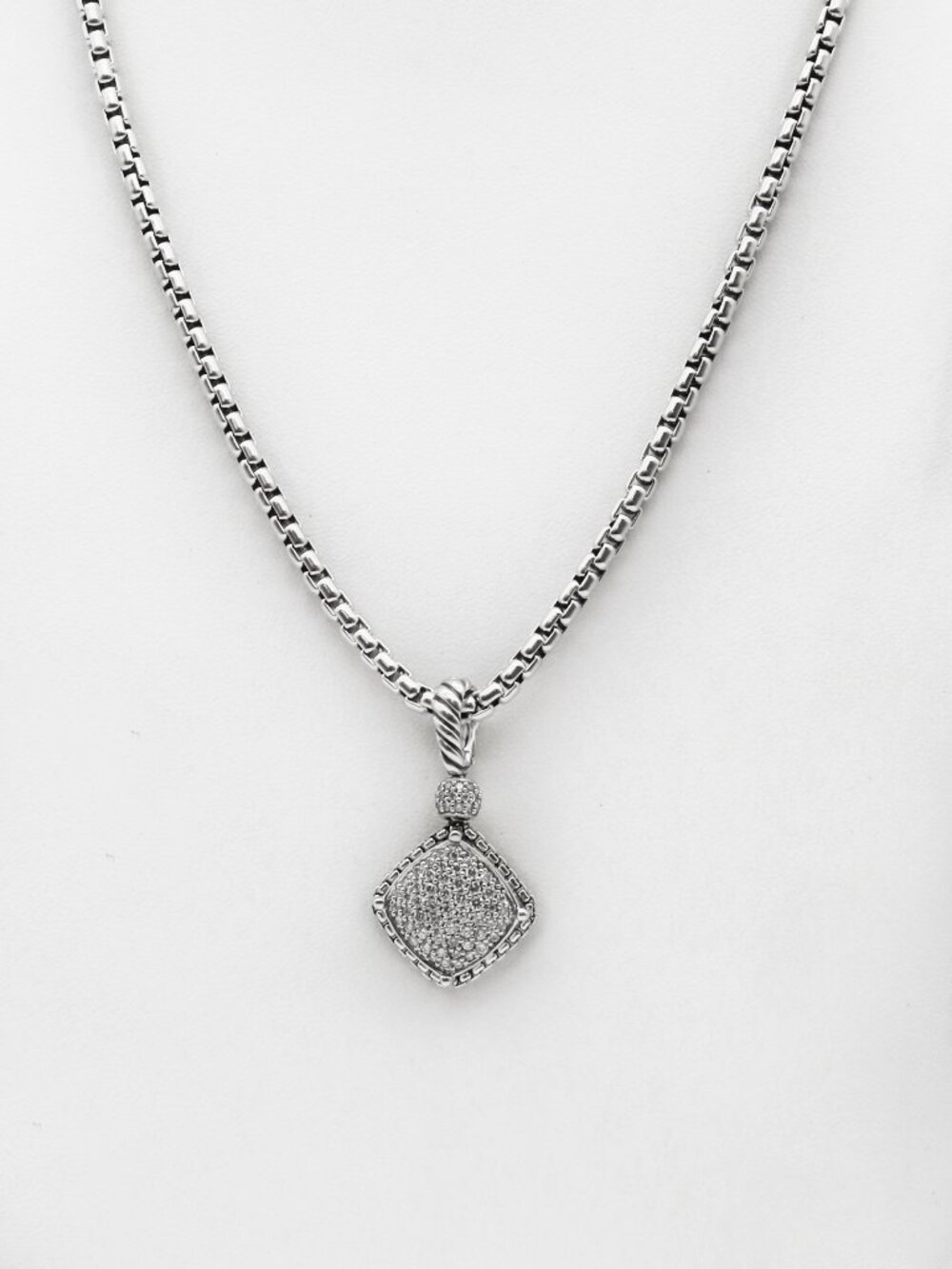 David Yurman 925 Silver Cushion On Point Diamond Pendant Necklace